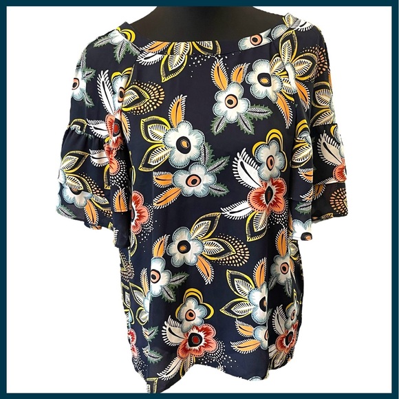 LOFT Navy Multi-Colour Floral Ruffle Sleeve Tie Back Scoop Neck Top (M) - Picture 3 of 14